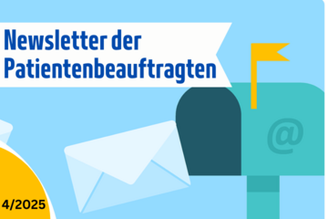 Hellblauer Hintergrund, Dunkelblaue Schrift auf weiß "Newsletter der Patientenbeauftragten",Türkiser Briefkasten in amerikanischem Stil mit @ Zeichen drauf und gelber nach oben stehender Fahne, Briefumschlag an dem Briefkasten